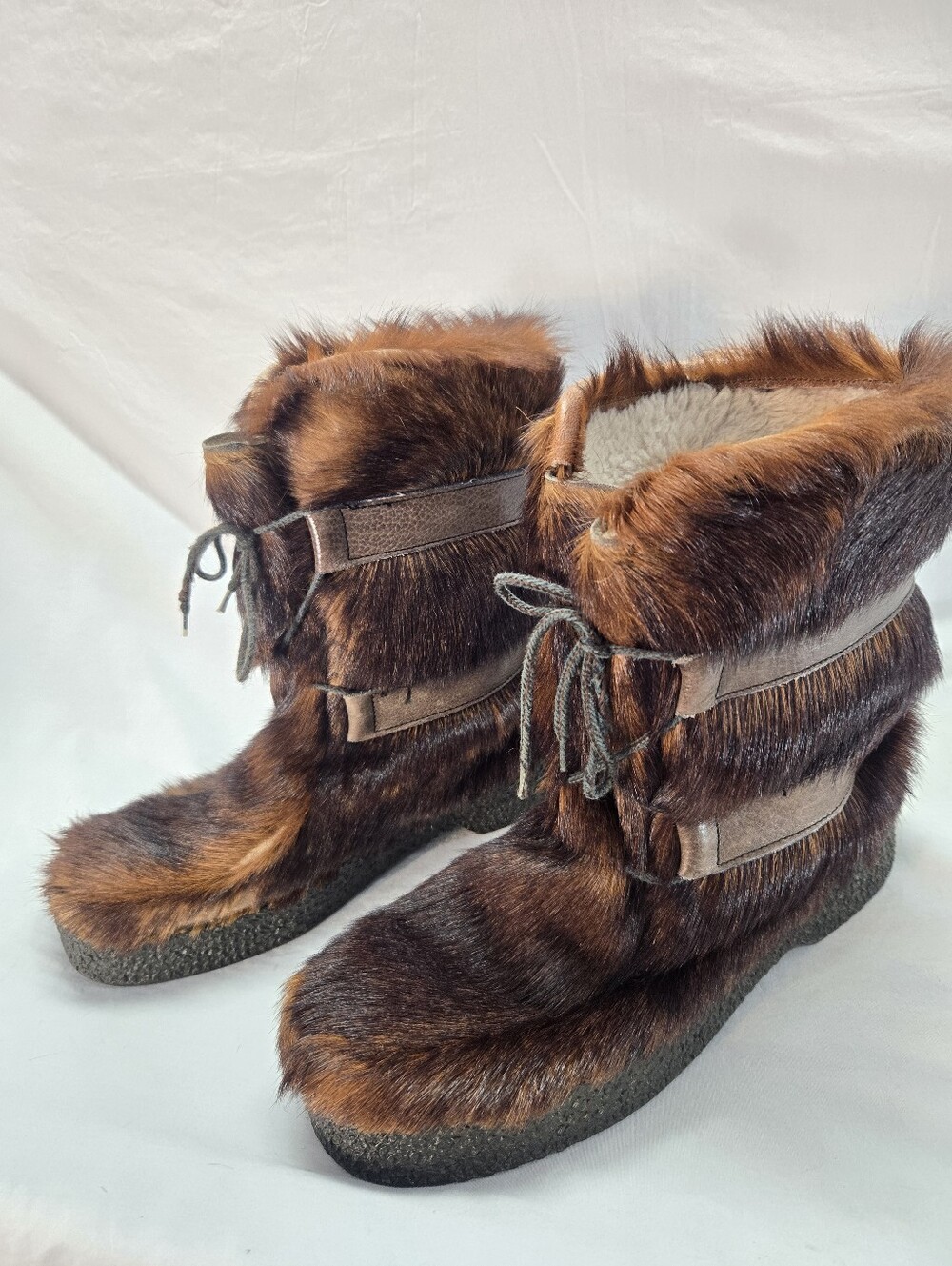 Vintage Men's Size 44 Italian Goat skin Fur Yeti Moon Boots Brown Apres-Ski